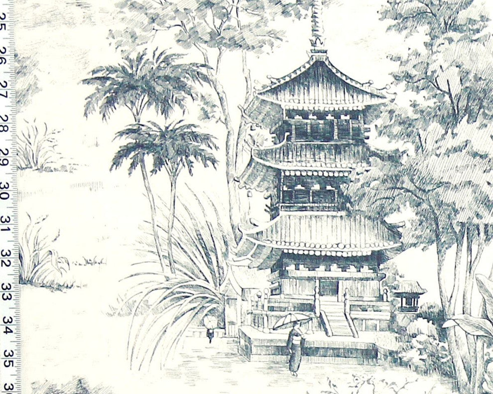 Blue Pagoda Toile Fabric Mid Century Asian Tea House Material, Standard Cut- 24" Length