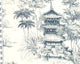 Blue Pagoda Toile Fabric Mid Century Asian Tea House Material, Standard Cut- 24" Length