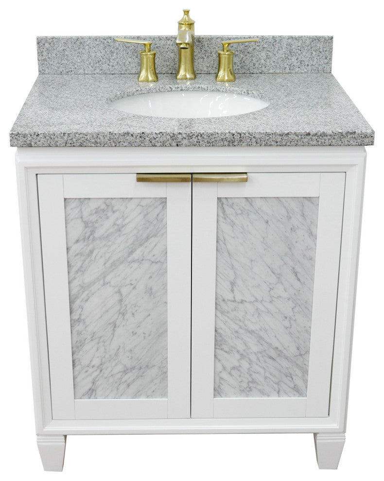 31" Single Sink Vanity, White Finish With Gray Granite With Oval Sink