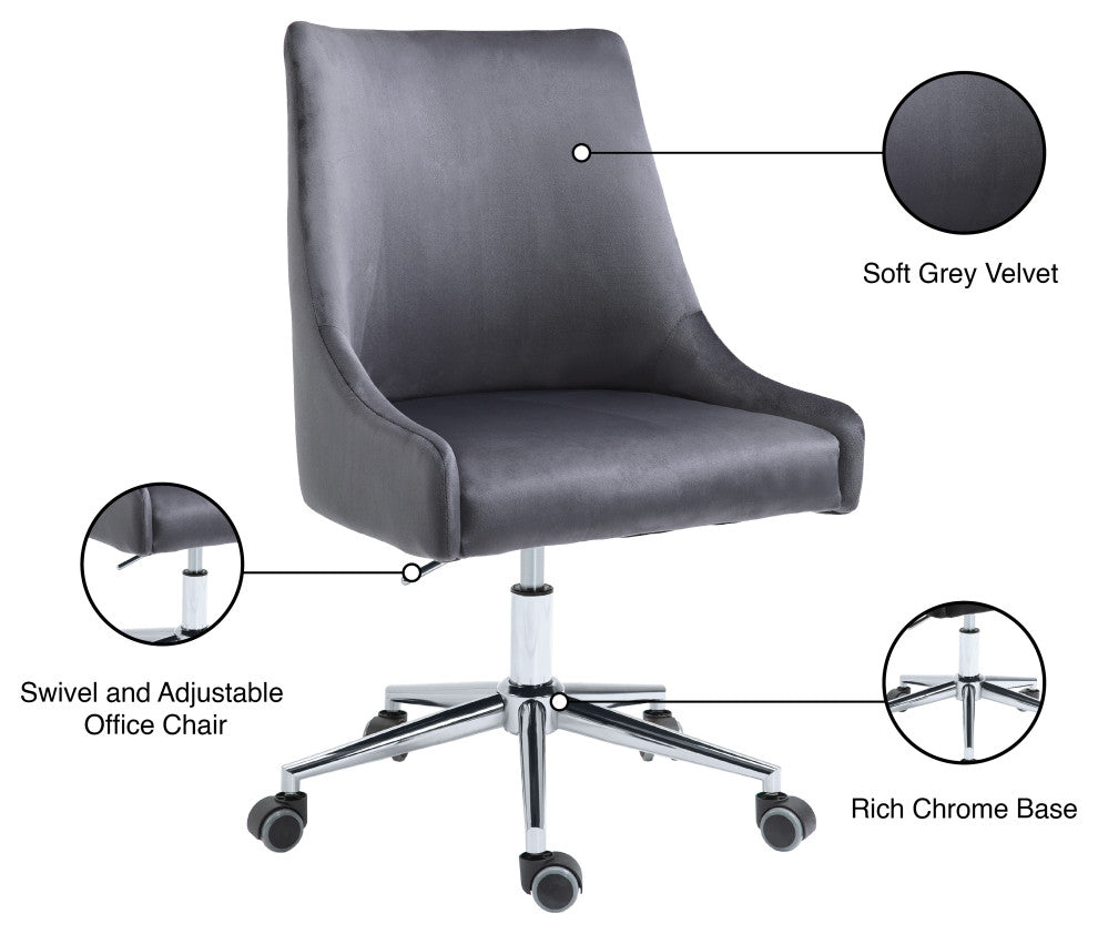 Karina Swivel and Adjustable Velvet Upholstered Office Chair, Grey, Chrome Base