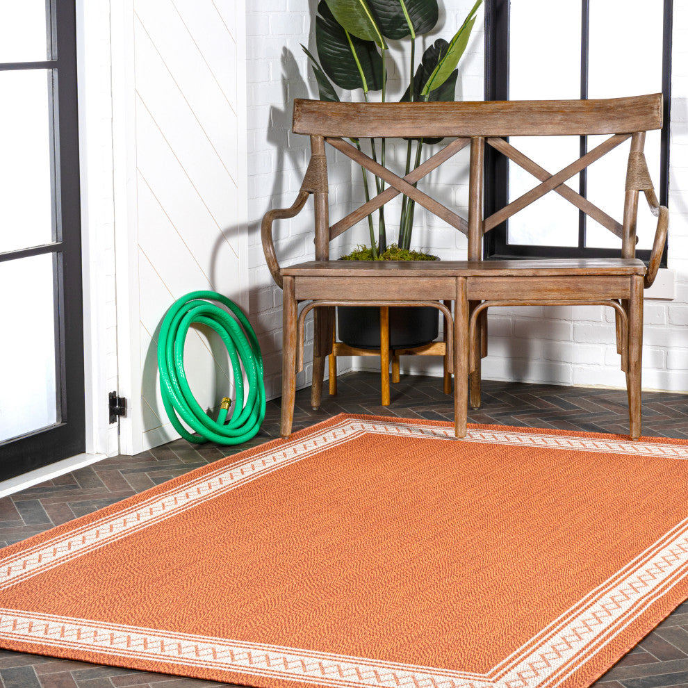 Lucia Classic Diamond Border Indoor/Outdoor Area Rug, Orange/Cream, 8x10