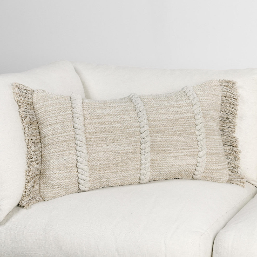 Lucera Woven Fabric Throw Pillow, Beige, 14x26