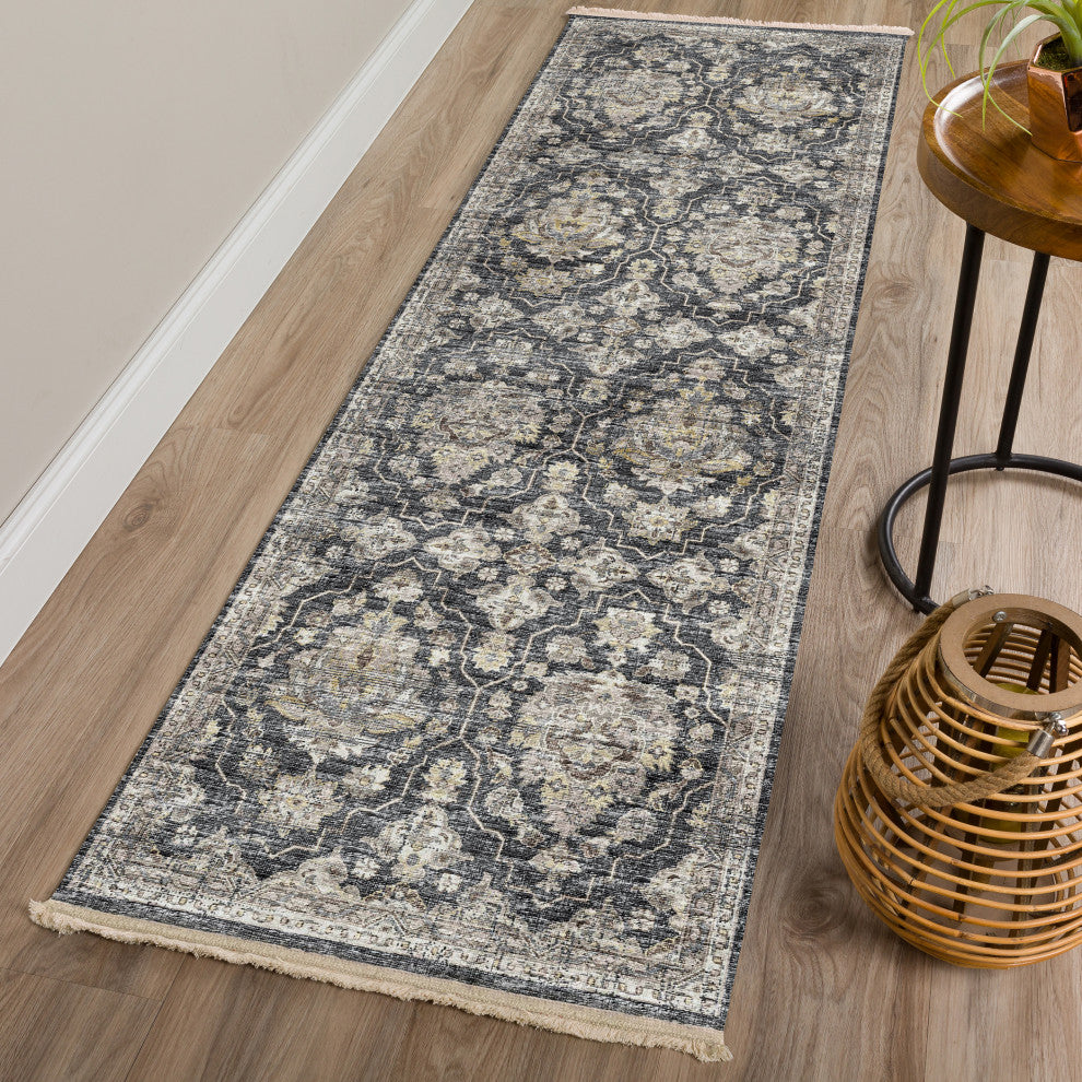 Indoor/Outdoor Marbella MB4 Charcoal Machine Washable 2'3" x 12' Runner Rug