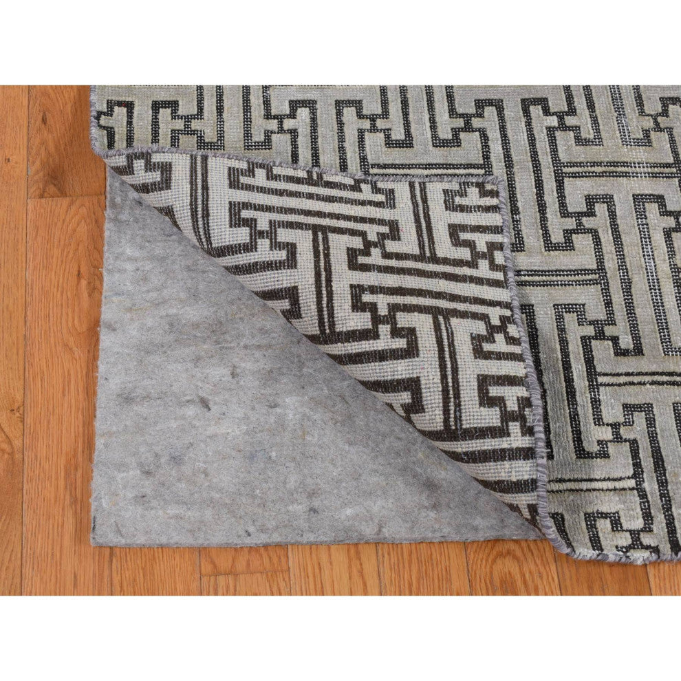 Gray Pure Silk With Wool Roman Key Design Hand Knotted Oriental Rug 7'10"x10'3"