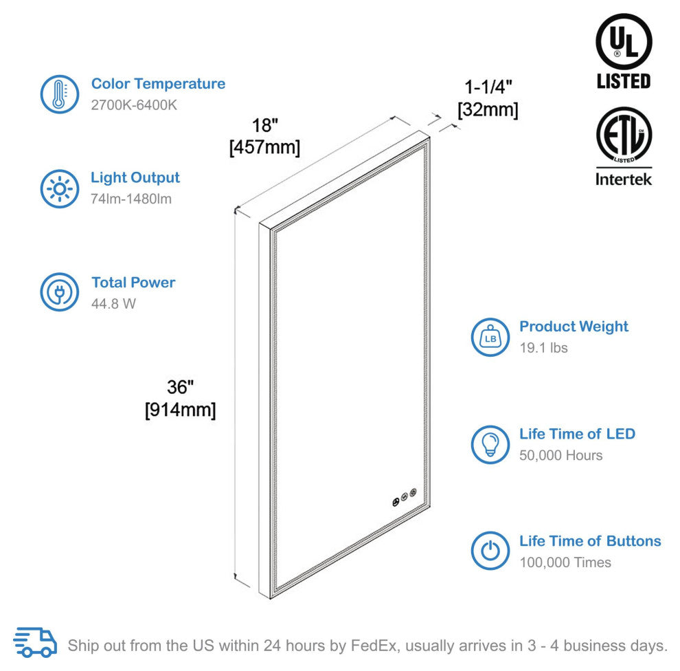 Fogless, Dimmable, Color Temperature Adjustable LED Mirror, Matte Black, 18x36