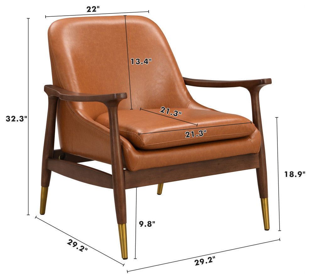 GDF Studio Mid-Century Modern Faux Leather Accent Chair, Solid Wood Frame, Brown, Single