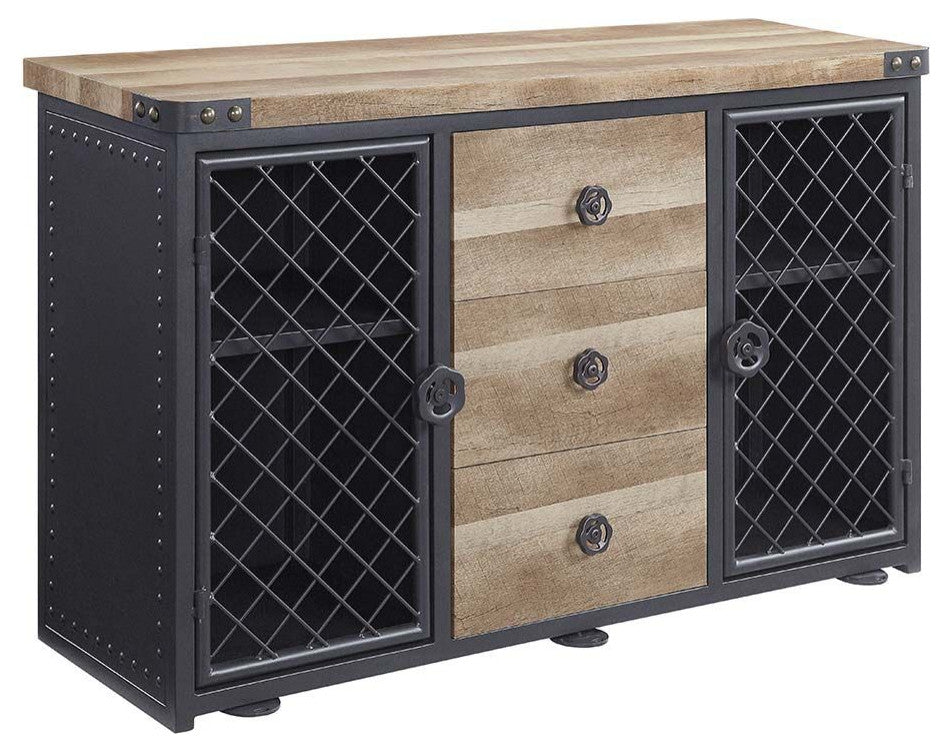 Wood Server With 2 Doors and 3 Drawers, Oak and Sandy Black