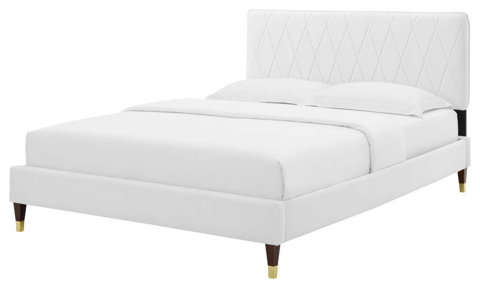 Platform Bed Frame, Full Size, Velvet, White, Modern Contemporary, Bedroom