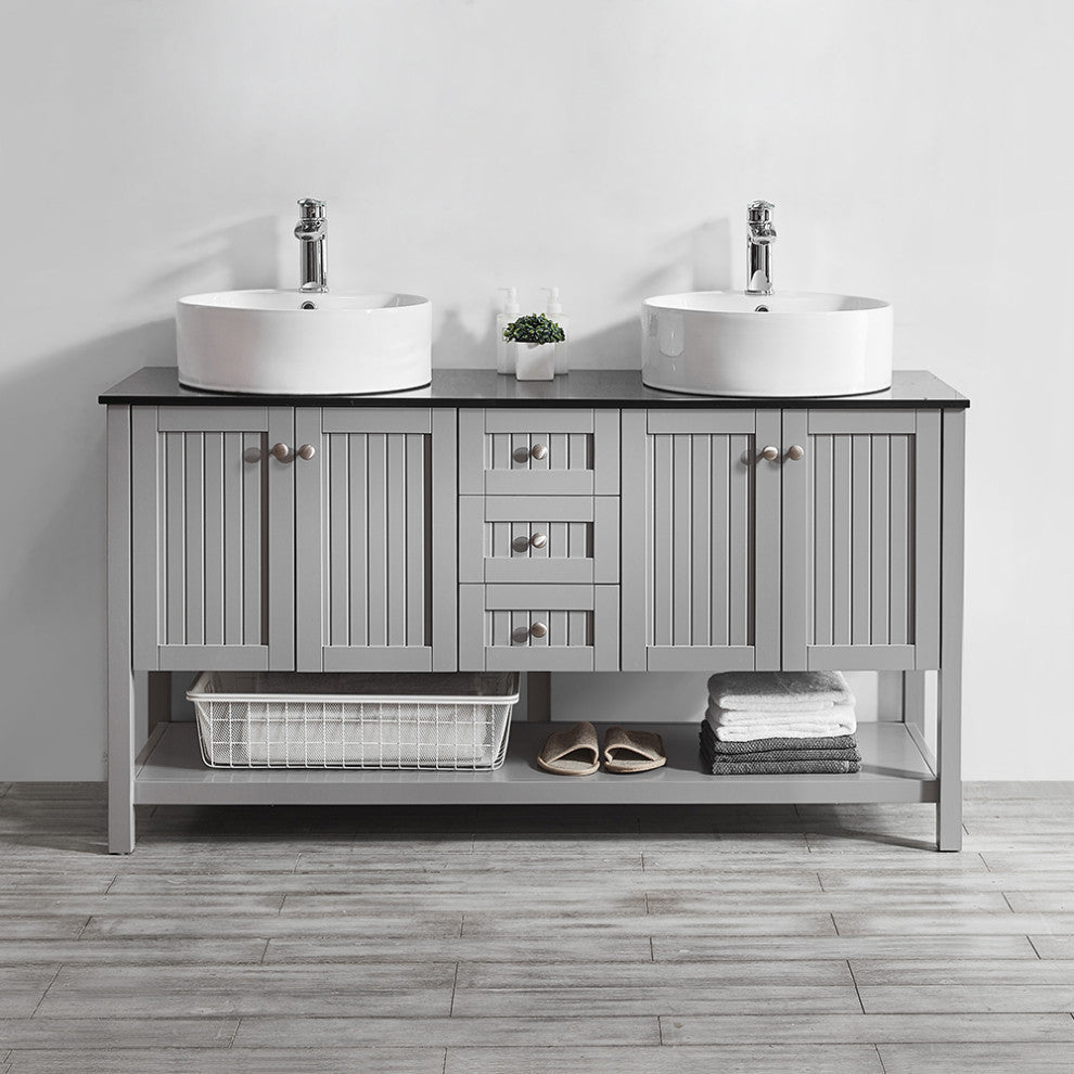 Modena 60" Double Vanity With Glass Countertop With White Vessel Sink No Mirror
