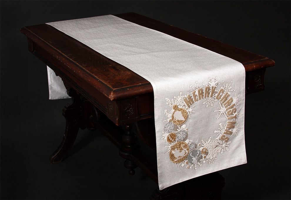 Ornament Wreath Christmas Table Runner, Off White, 13.5"x72"