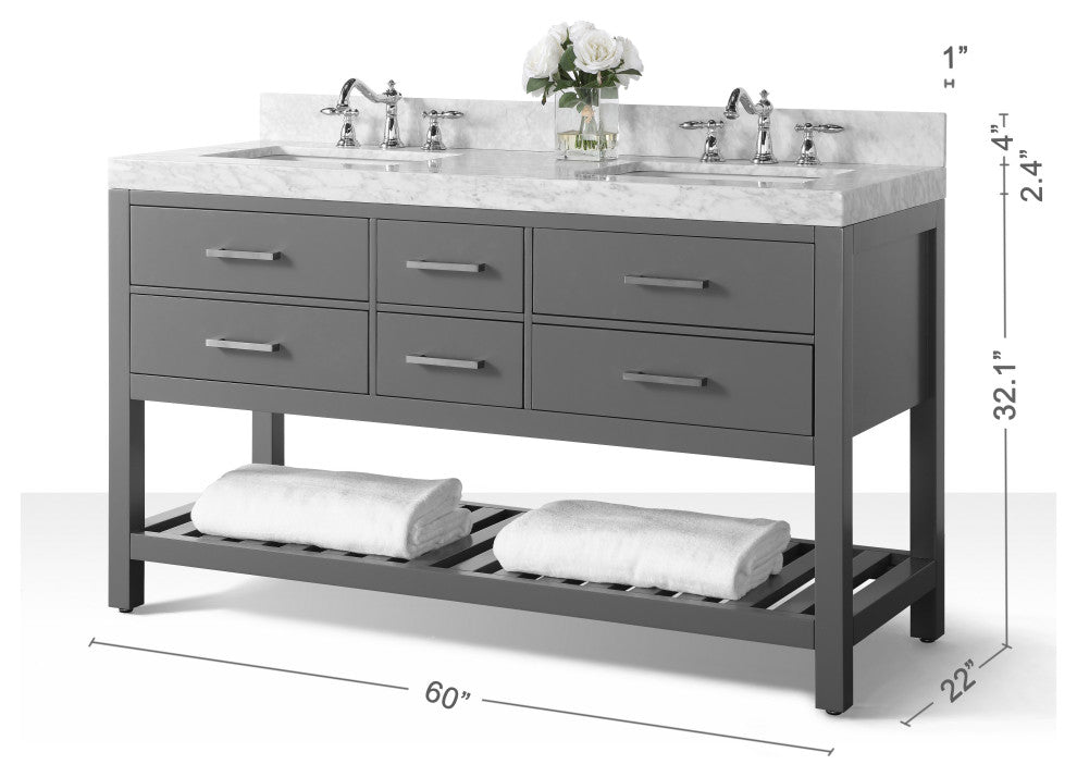 Elizabeth Bath Vanity, Sapphire Gray, 60", Brushed Nickel Hardware, No Mirror