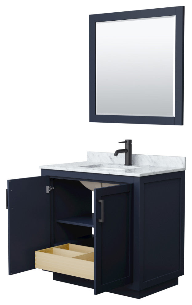 36"SGL Bathroom Vanity Dark Blue, Carrara Countertop, Sink, Black Trim,34"Mirror