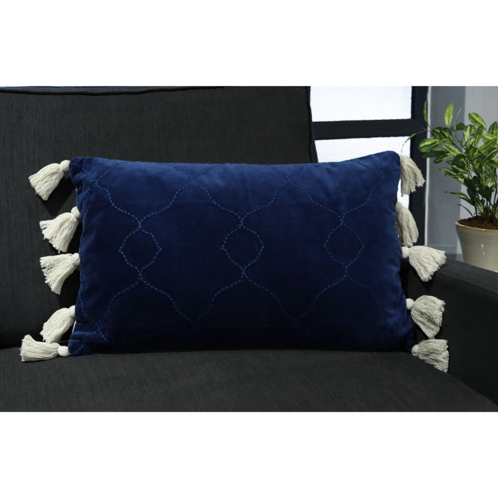 Blue Machine Woven with Tassels Corwin Throw Pillow, 16" x 26"