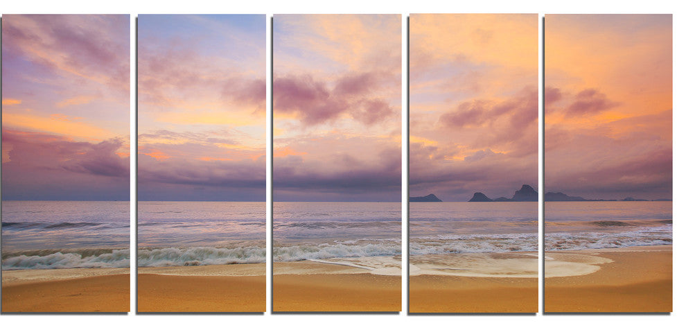 "Bright Morning Over The Sea" Modern Seashore Canvas Art, 5 Panels, 60"x28"