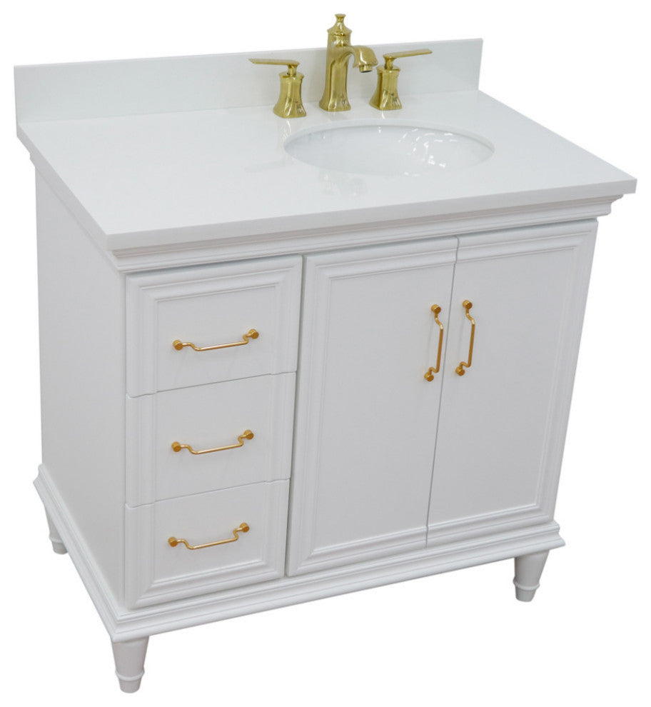 37" Single Vanity, White Finish With White Engineered Stone Top