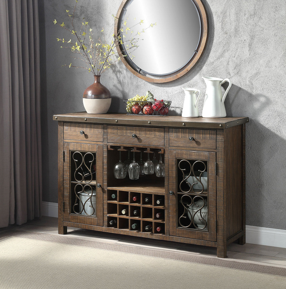 ACME Raphaela Server With Cup Holder and Wine Rack, Weathered Cherry Finish