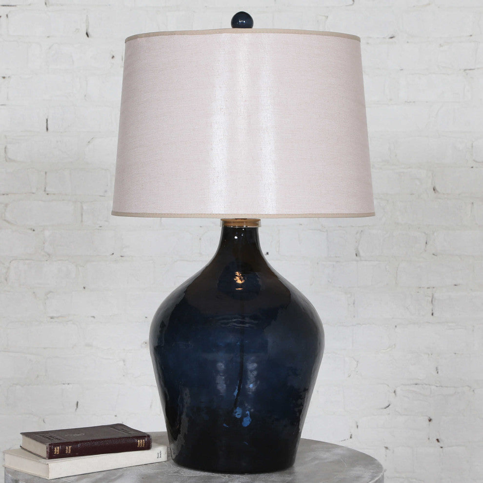 Elegant Dark Blue Gourd Glass Table Lamp, Midnight White Shade Traditional