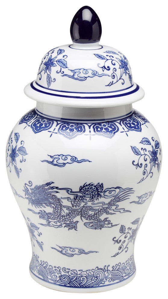 18" Blue and White Ginger Jar With Lid