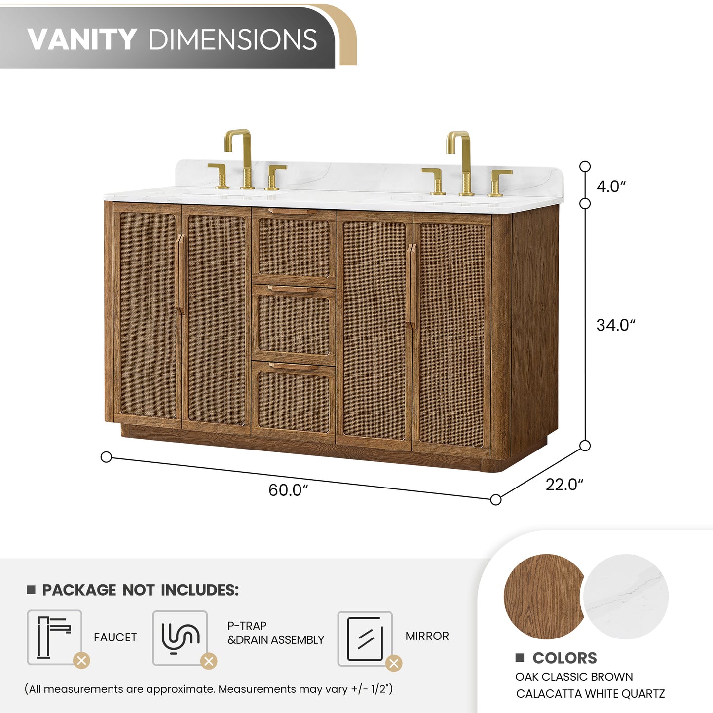 Busan Bath Vanity, Quartz Top No Mirror, Oak Classic Brown, 60", Double Vanity