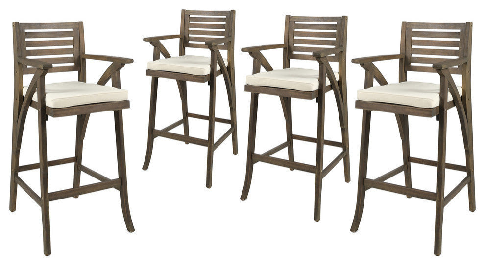 GDF Studio Hermosa Outdoor Acacia Barstool, Gray With Cream Cushion, Set of 4