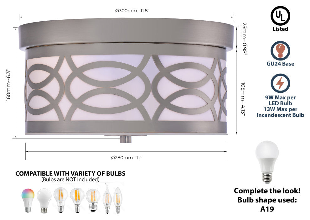 Lazzur Aude 2 Light 12" Satin Nickel Flush Mount Ceiling Light