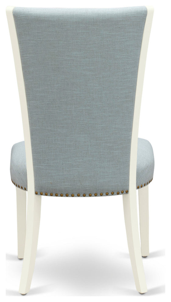 A Dining Set Of 2 Indoor Chairs, Baby Blue Color, Square Table, Linen White