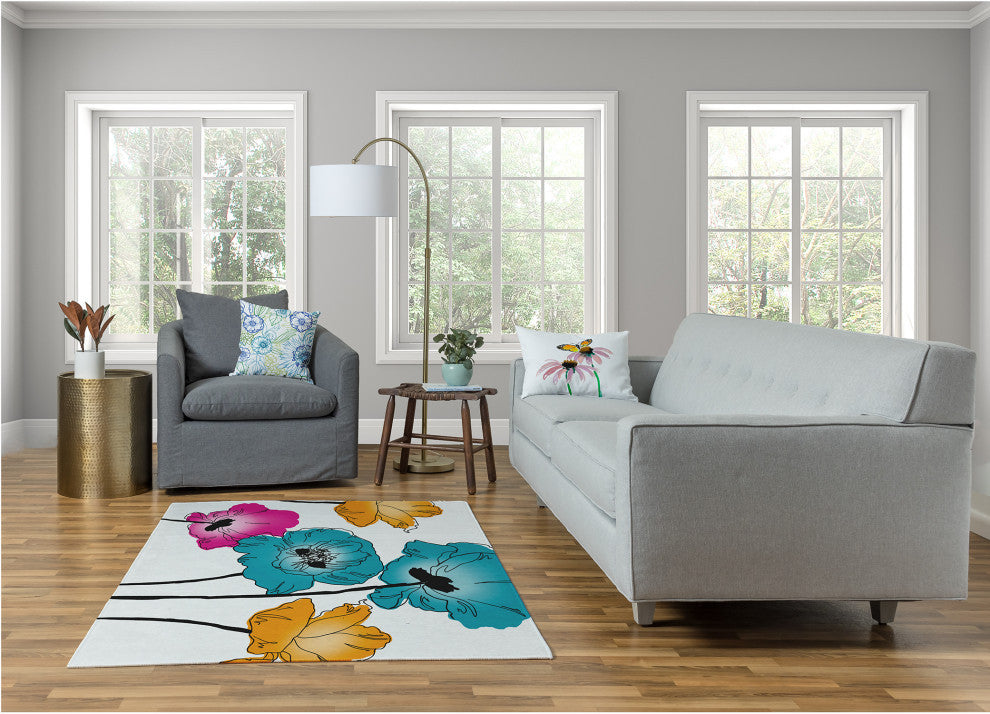 Popping Poppies Spring Chenille Rug, Blue, 4'x6'