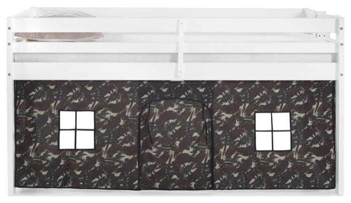 Jasper Twin Junior Loft Bed, White Frame, Green Camouflage Bottom Playhouse Tent