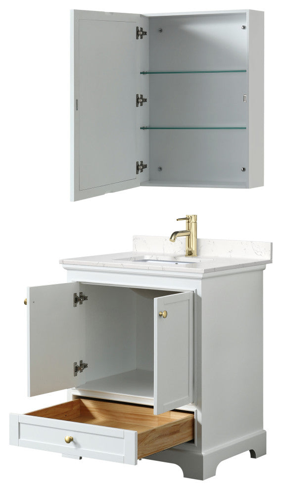 30"SGL Vanity White, Carrara Cult. Marble Top, Sink, Gold Trim, Med. Cabinet
