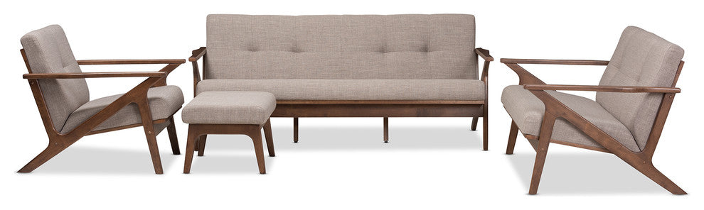 Bianca Mid-Century Walnut Wood Light Gray Fabric Tufted Livingroom Sofa Set