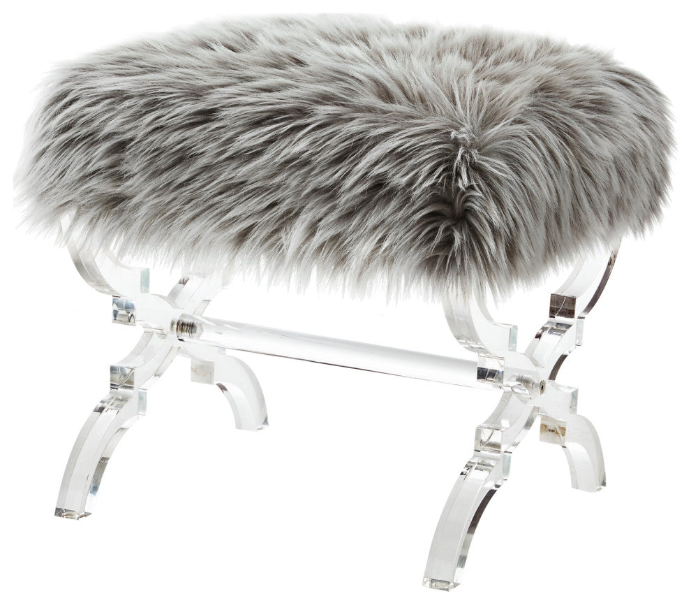 Enzo Faux Fur Acrylic X-Leg Ottoman, Gray