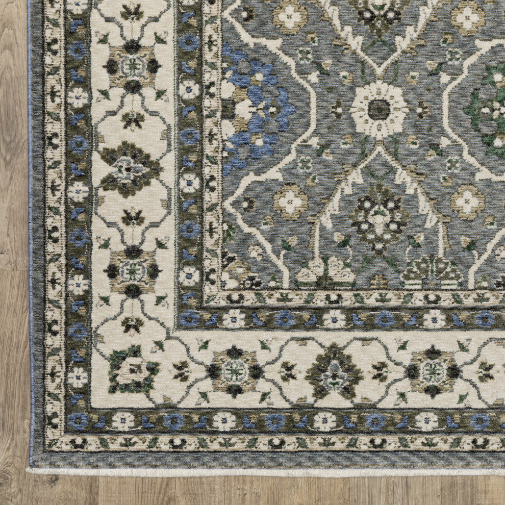 Hanford Bordered Traditional Blue/Grey Fringe Edge Rug 6'7" x 9'6"
