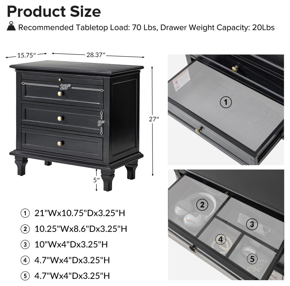 3-Drawer Nightstand With  Built-In Outlets, Black