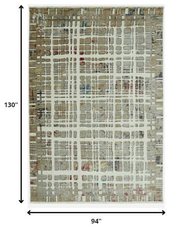 8"x11" Ivory Khaki Distressed Plaid Area Rug
