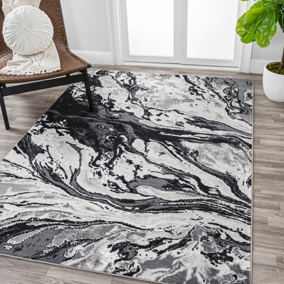 Swirl Marbled Abstract Area Rug, Black/Ivory, 4 X 6