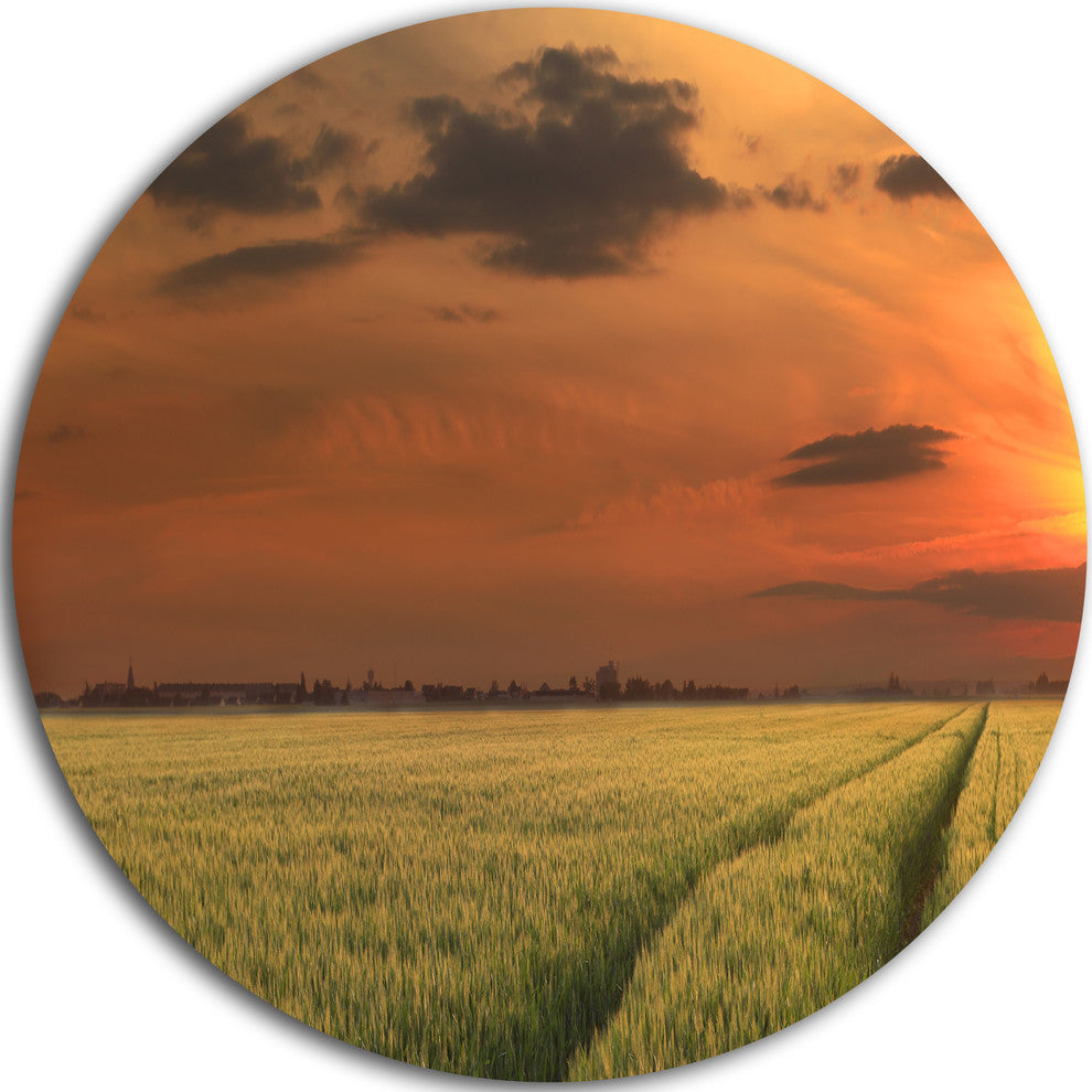 Sunset Over A Field Of Cereals, Round Wall Art Landscape, 11"