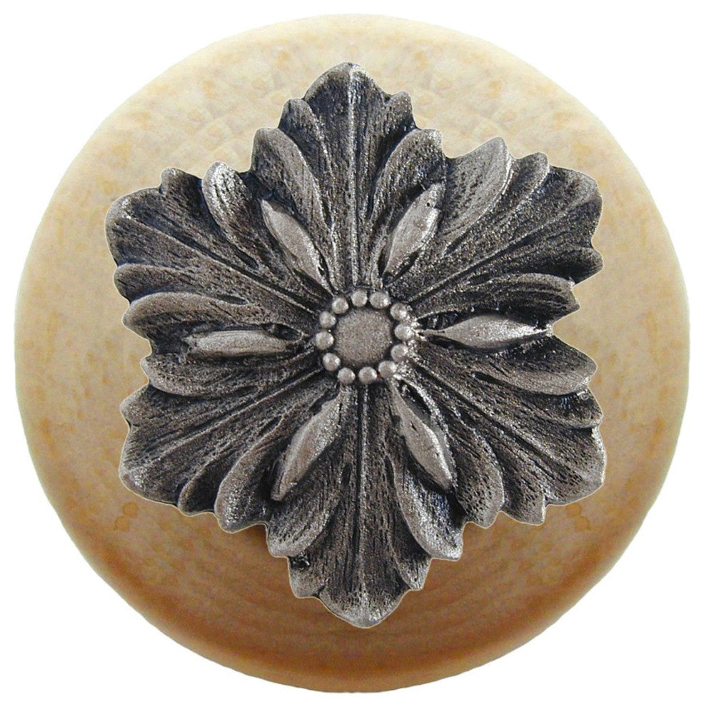 Opulent Flower Wood Knob, Antique Brass, Natural Wood Finish, Satin Nickel