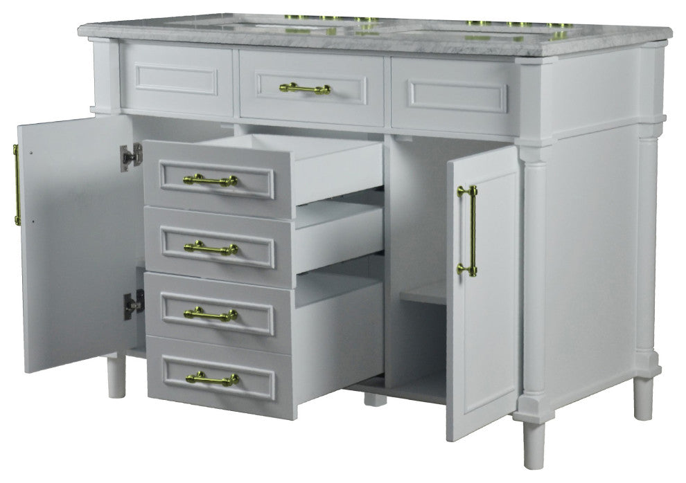 48" Double Vanity, White With White Carrara Marble Top