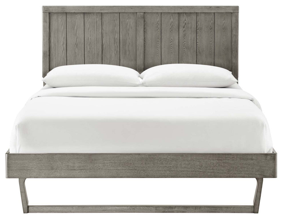 Platform Bed Frame, King Size, Wood, Gray, Modern Mid-Century, Bedroom