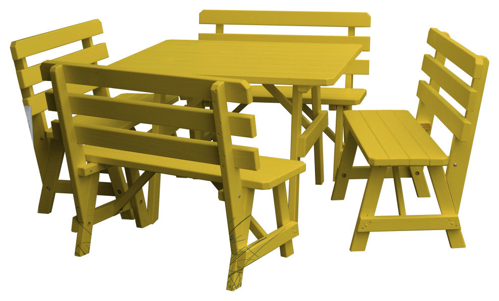Pine 43" Square Table with Backed Benches, Canary Yellow