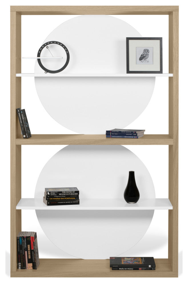 Zero Contemporary Unique Wood Book Shelf Display, Light Oak/Pure White