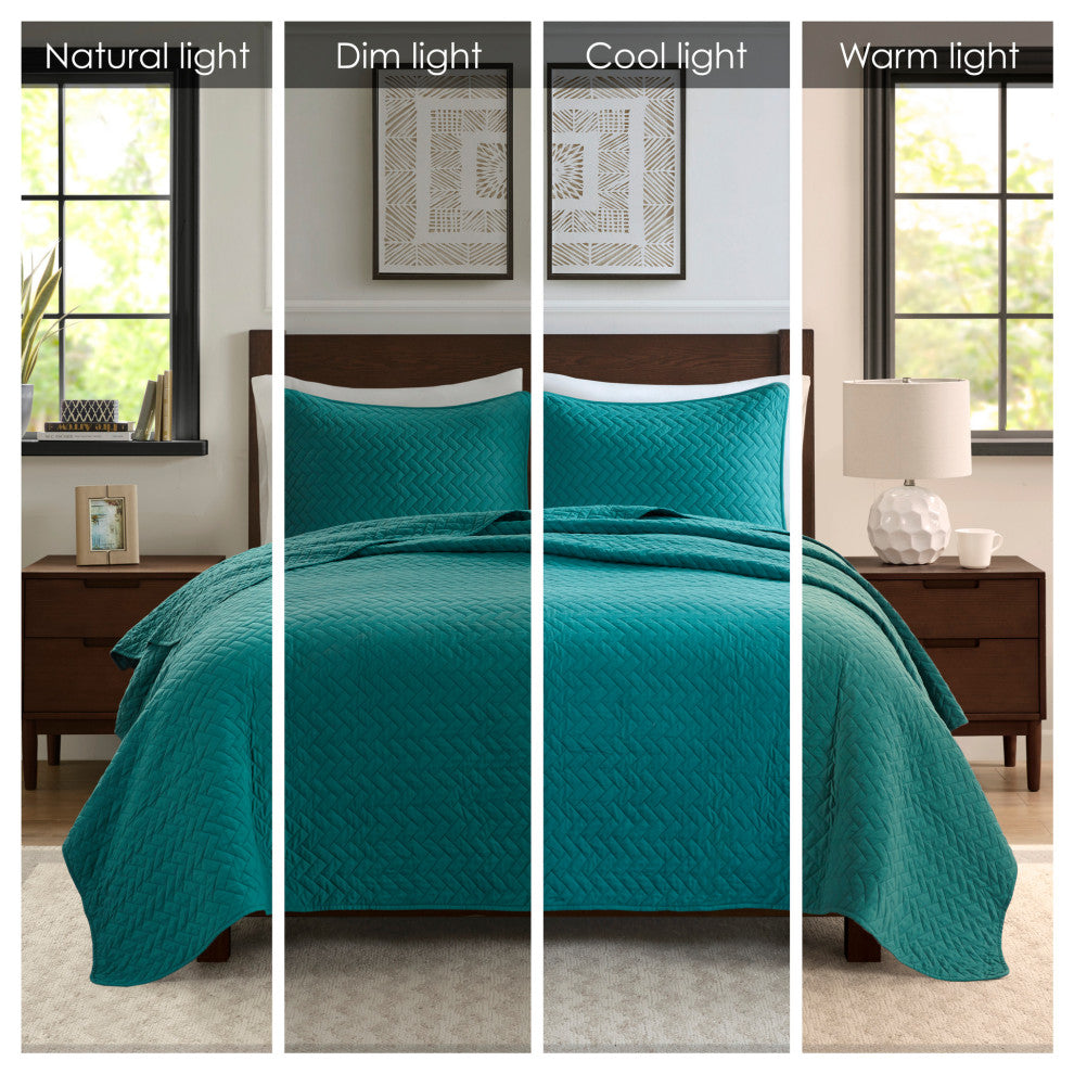 Hampton Hill Velvet Touch Herringbone Oversize 3-Piece Coverlet, Teal, Queen