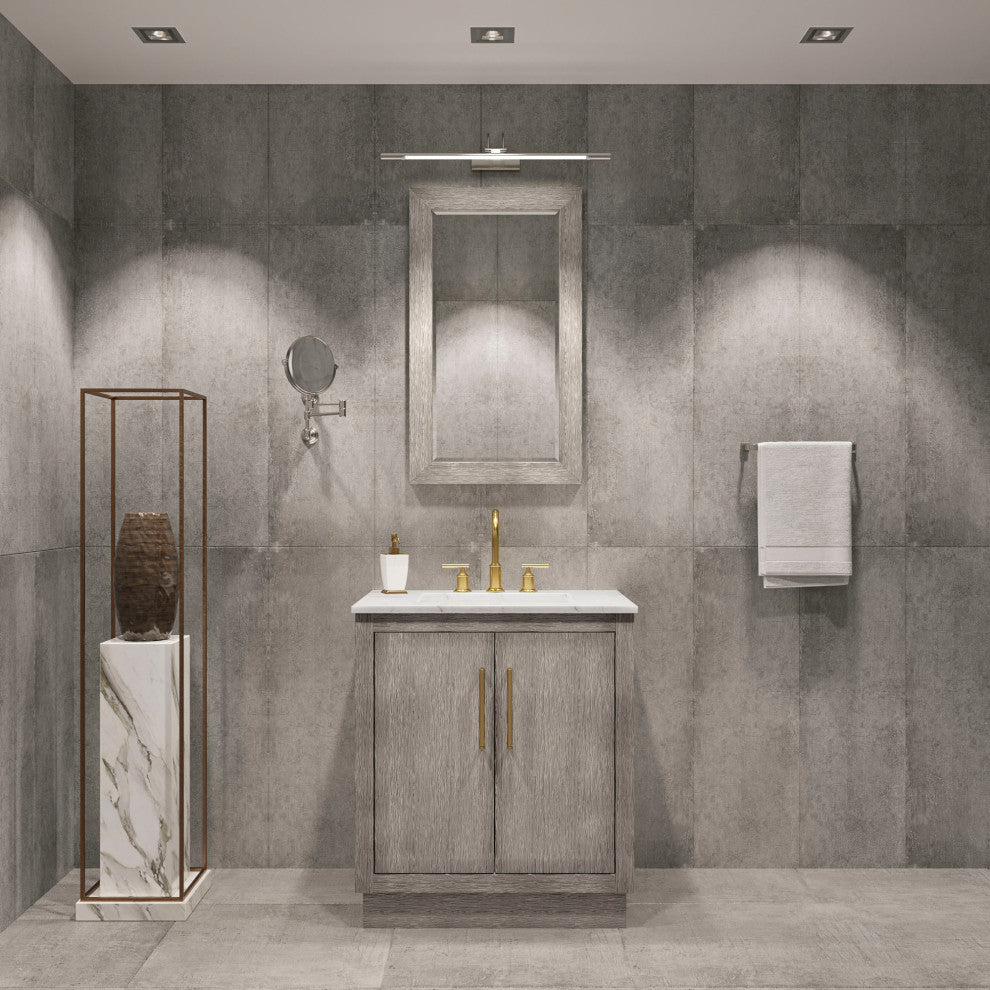 30 Single Sink White Marble Vanity, Gray Oak With Gooseneck Faucet and Mirror