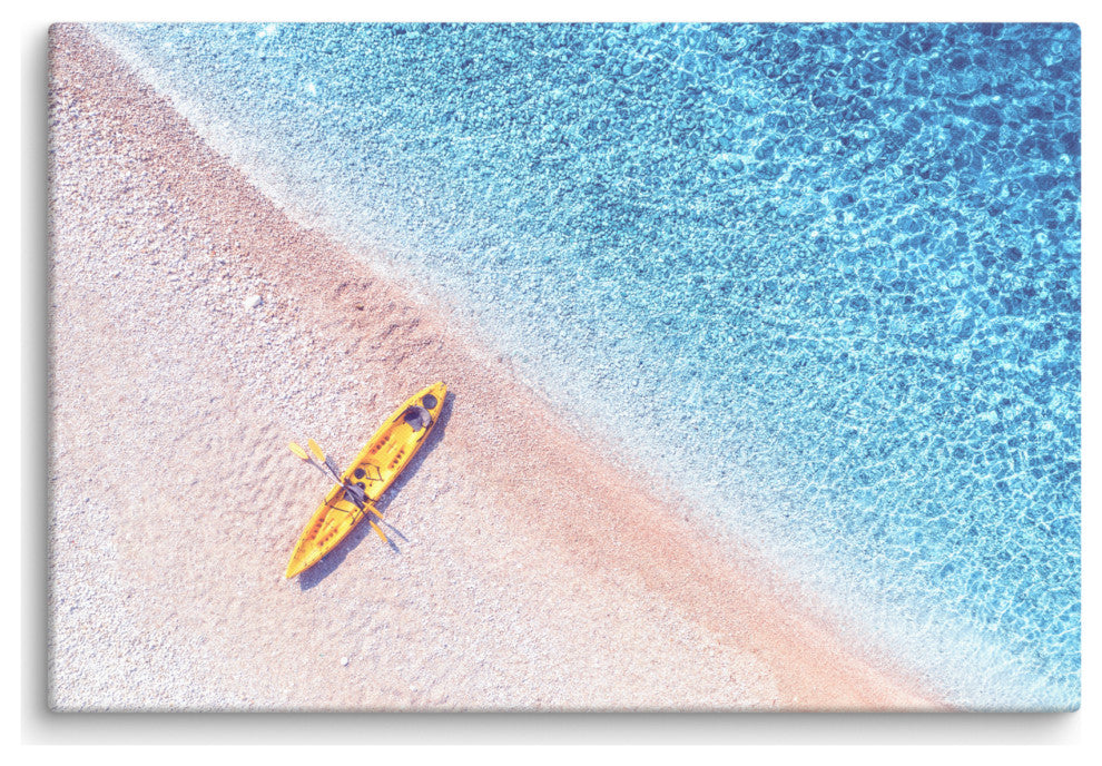 Yellow Canoe and Blue Sea by with Violet Glow Landscape Photo Canvas Art Print, 24" X 36"