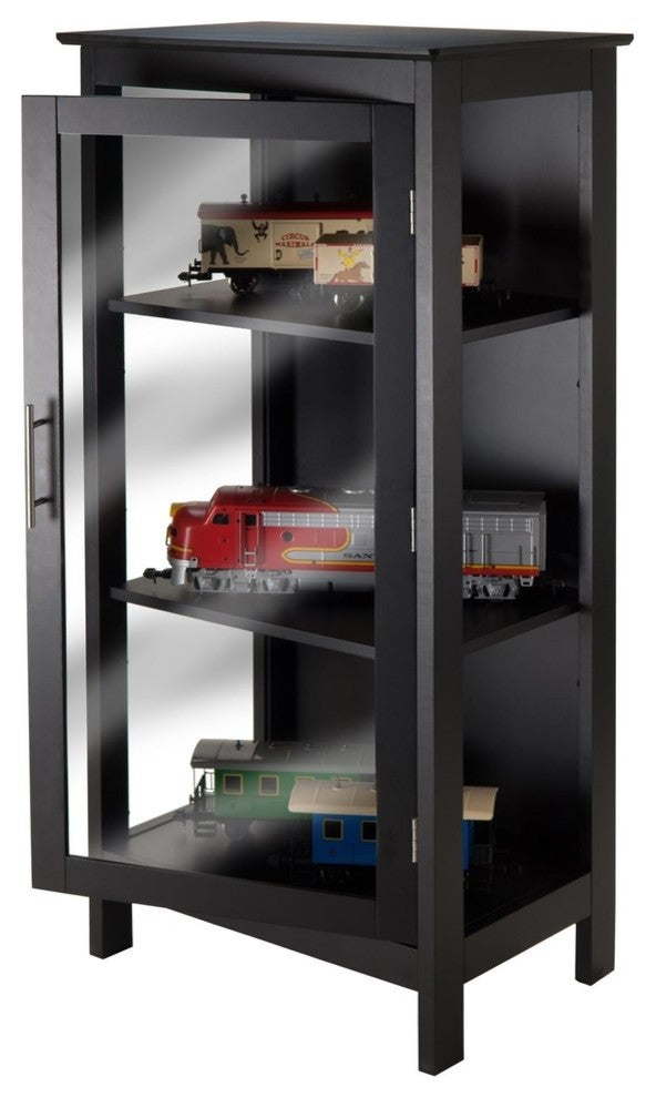 Full white-background shot with the door open revealing interior shelves.