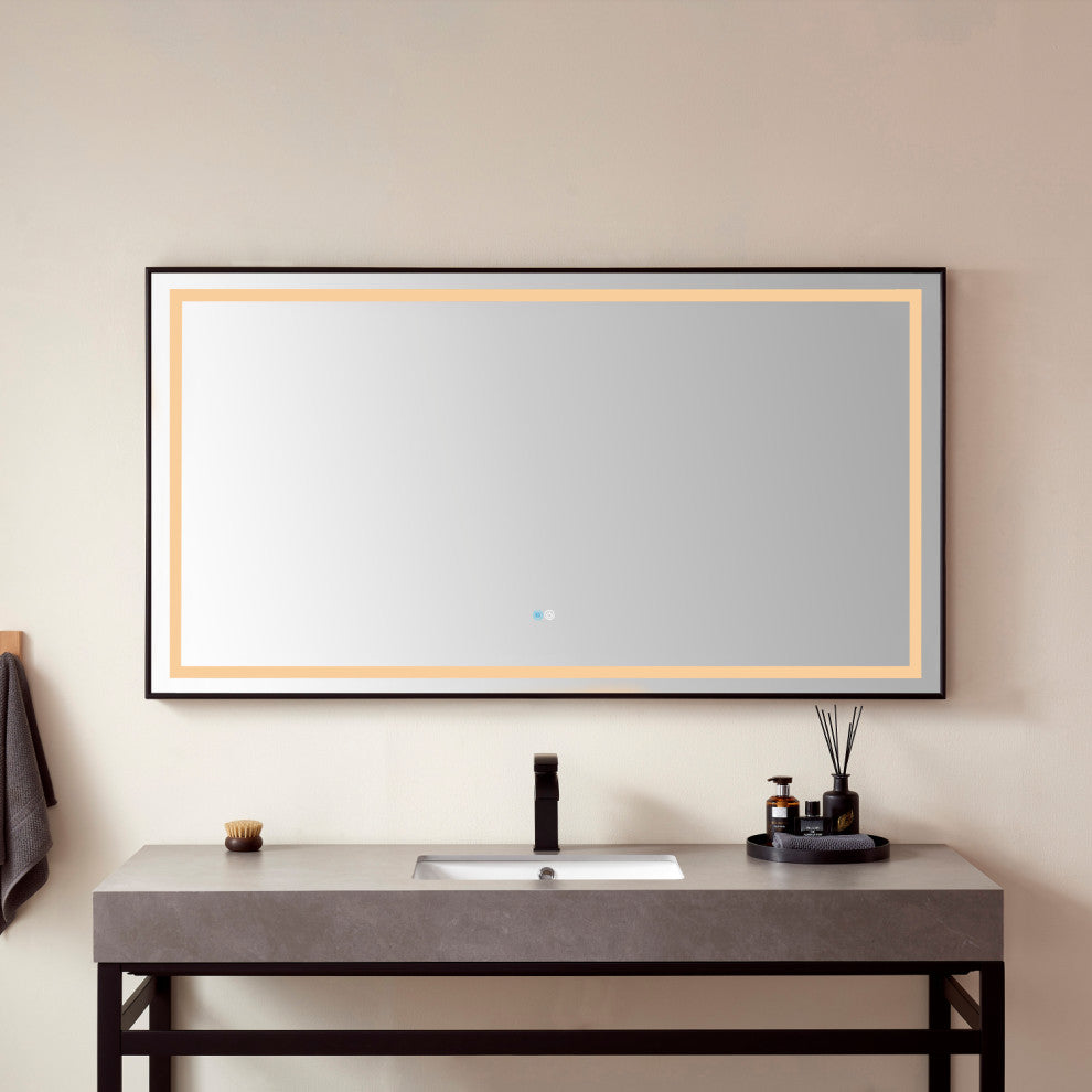 Horizontal Rectangular LED Wall Mount Bathroom Mirror, Black, 60"