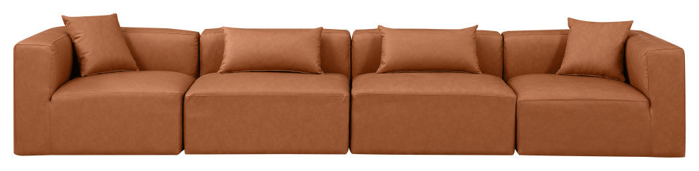 Cube Upholstered Modular Sofa, Cognac, 4-Piece: 2 Armless Chair, 2 Corner Chair, Vegan Leather