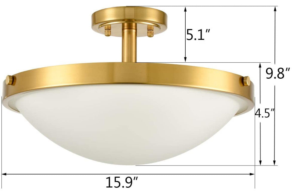 Modern Brass Ceiling Light, 3 Light ,Semi Flush Mount, Glass Shade