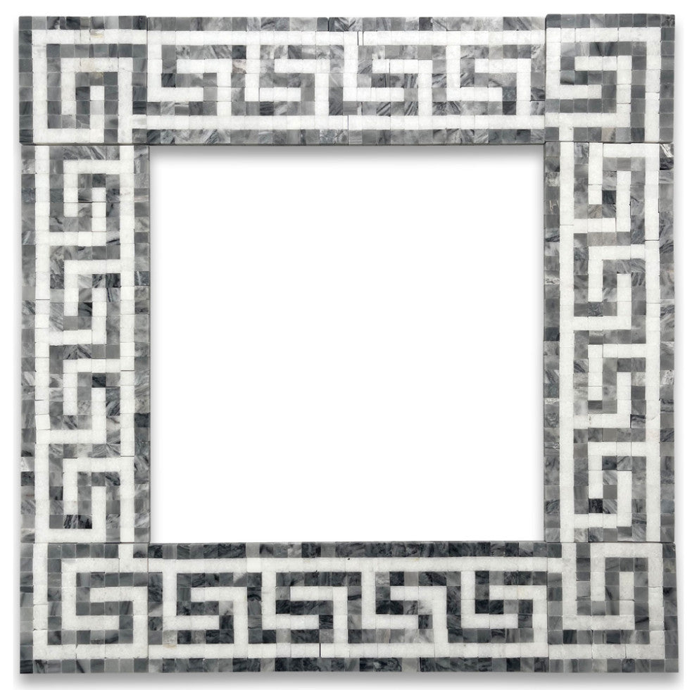 Greek Key Thassos White Bardiglio Gray Marble Mosaic Border Tile, 1 piece