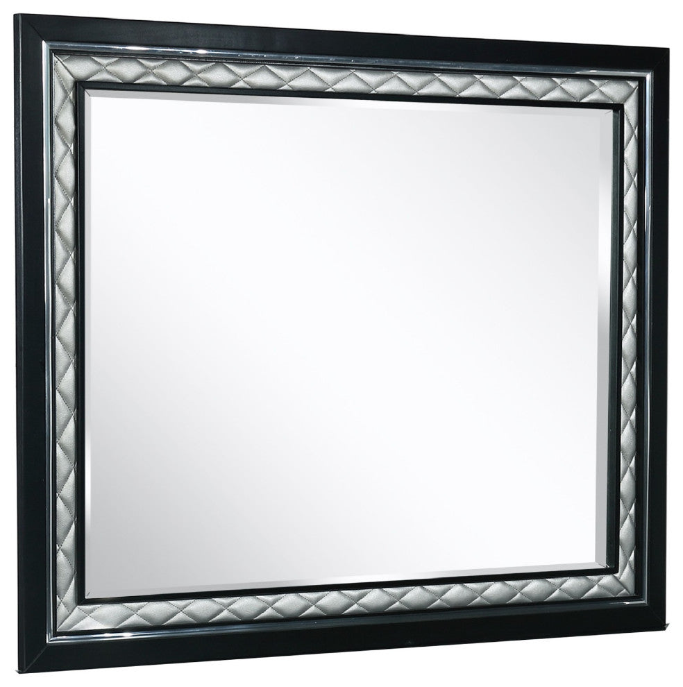Benzara BM271442 Rectangular Mirror With Diamond Stitching, Silver and Black